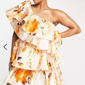 ASOS LUXE Curve satin ruffle off shoulder mini dress in orange floral print
